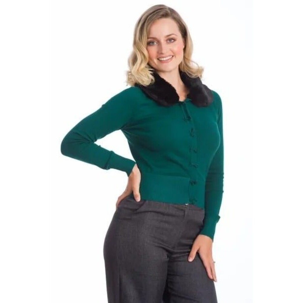 Bow Dreaming Faux Fur Cardigan in Green by Banned Retro